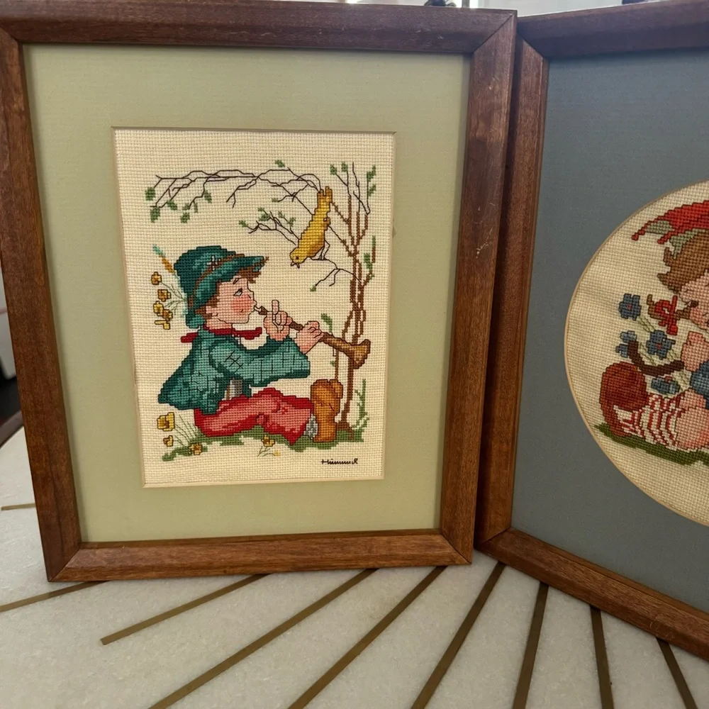 Vintage Set of 2 Hummel Needlepoint Framed Pictures Finished Handmade 9” x11”